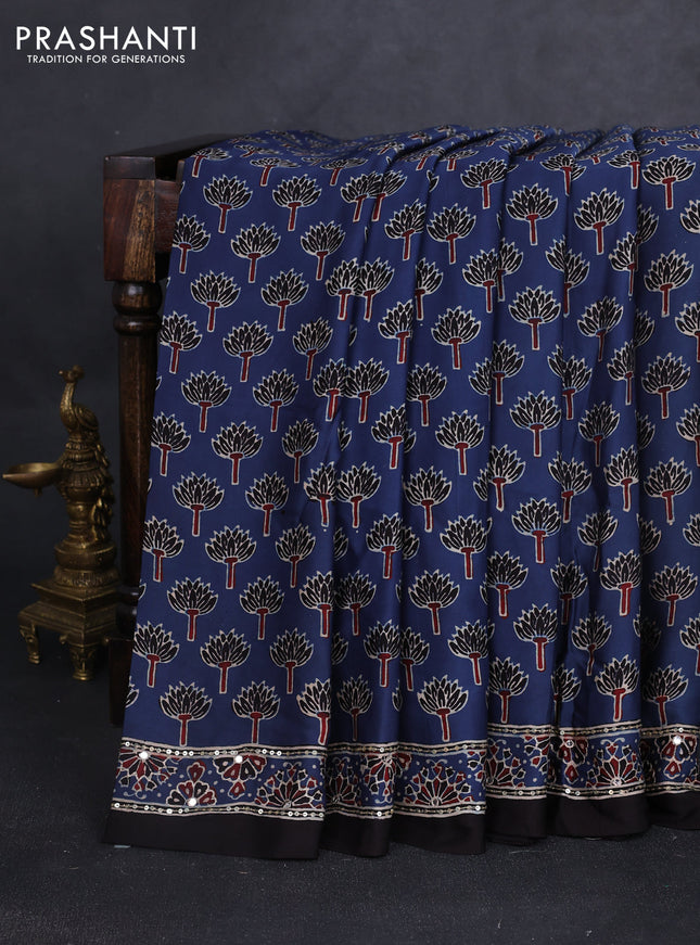 Modal silk saree indigo blue and black with allover ajrakh prints and sequin embroidered work pallu