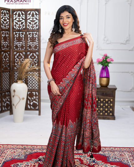 Modal silk saree maroon with ajrakh prints & mirror work and sequin embroidered work pallu