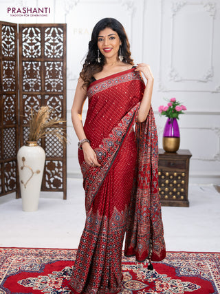 Modal silk saree maroon with ajrakh prints & mirror work and sequin embroidered work pallu