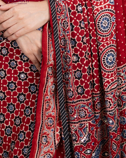 Modal silk saree maroon with ajrakh prints & mirror work and sequin embroidered work pallu
