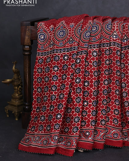 Modal silk saree maroon with ajrakh prints & mirror work and sequin embroidered work pallu