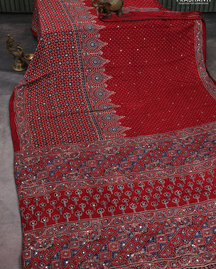 Modal silk saree maroon with ajrakh prints & mirror work and sequin embroidered work pallu