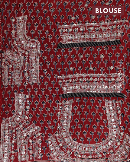 Modal silk saree maroon with ajrakh prints & mirror work and sequin embroidered work pallu