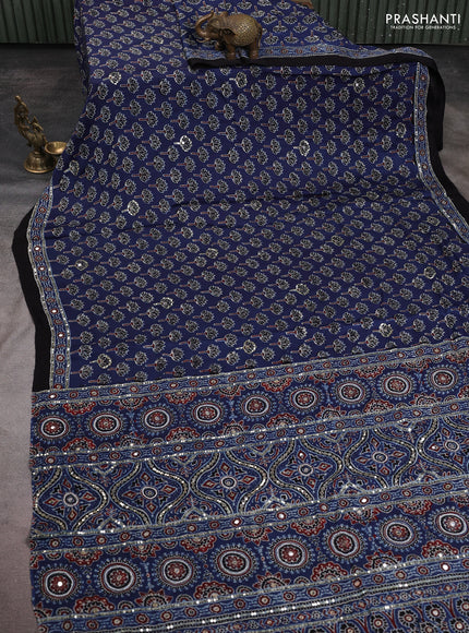 Modal silk saree blue and black with allover ajrakh prints & sequin work and sequin embroidered work pallu
