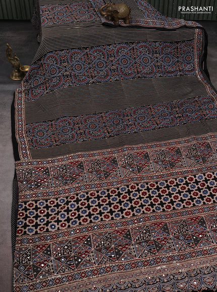 Modal silk saree beige and black with allover ajrakh prints and sequin embroidered work pallu