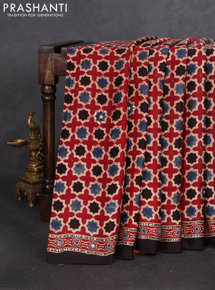 Modal silk saree maroon beige and coffee brown with allover ajrakh prints & sequin work and sequin embroidered work pallu