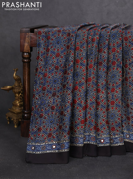 Modal silk saree maroon and indigo blue with allover ajrakh prints & sequin work and sequin embroidered work pallu