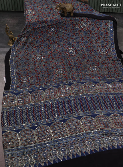Modal silk saree maroon and indigo blue with allover ajrakh prints & sequin work and sequin embroidered work pallu