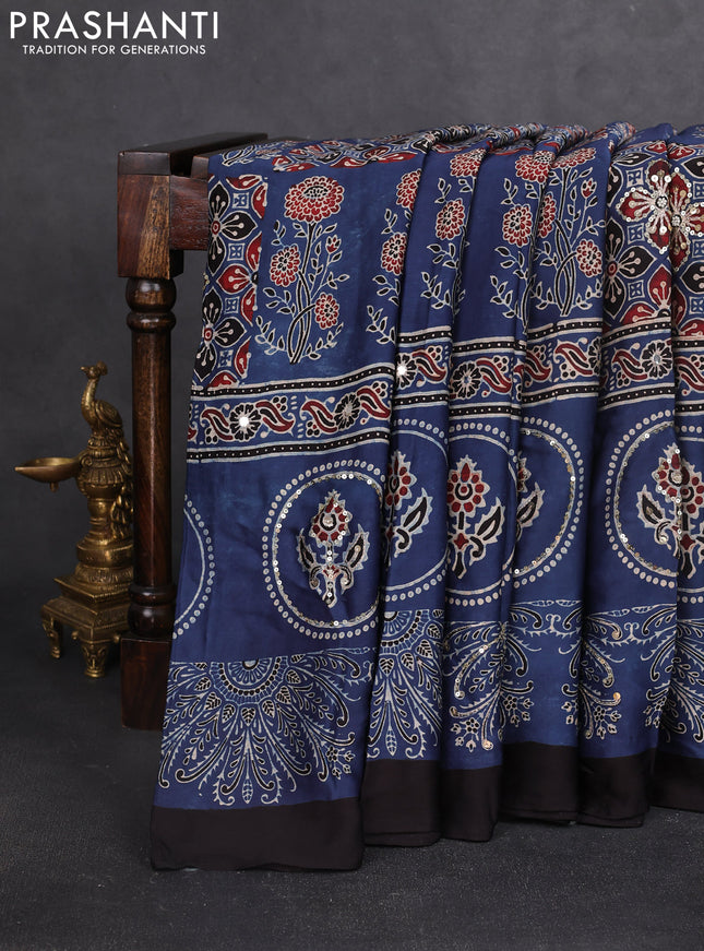 Modal silk saree indigo blue and black with allover ajrakh prints & sequin work and sequin embroidered work pallu