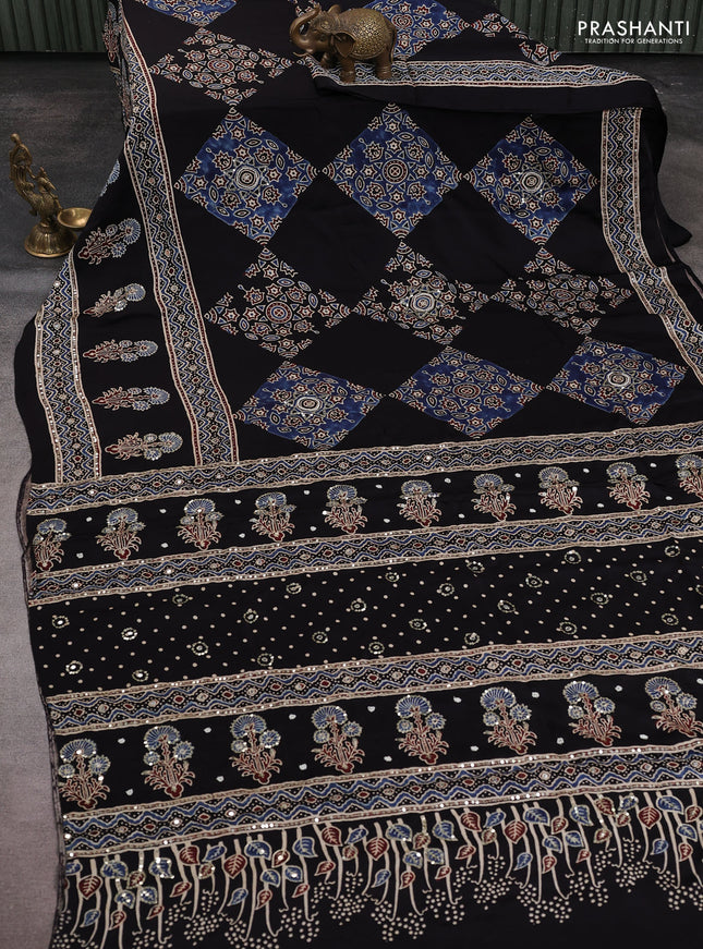 Modal silk saree black with allover ajrakh prints & sequin work and sequin embroidered work pallu