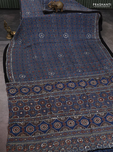 Modal silk saree indigo blue with allover ajrakh prints & sequin work and sequin embroidered work pallu