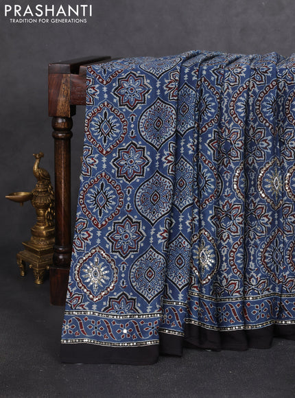 Modal silk saree indigo blue and black with allover ajrakh prints & sequin work and sequin embroidered work pallu