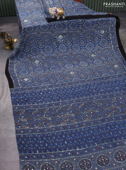 Modal silk saree indigo blue and black with allover ajrakh prints & sequin work and sequin embroidered work pallu