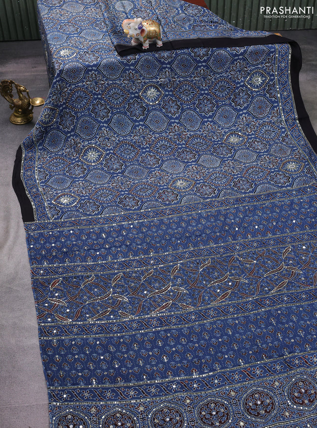 Modal silk saree indigo blue and black with allover ajrakh prints & sequin work and sequin embroidered work pallu