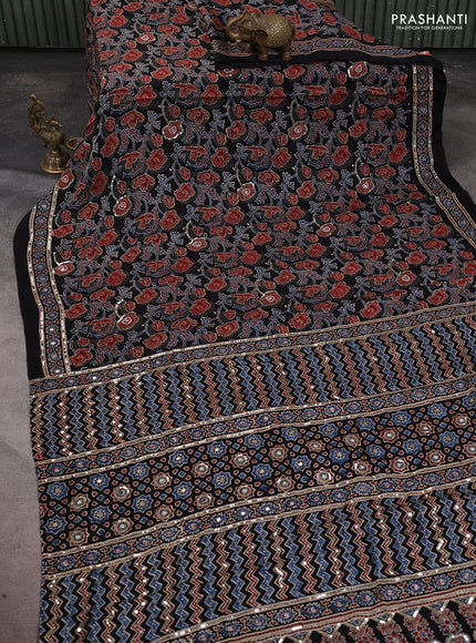 Modal silk saree black with allover ajrakh prints & sequin work and sequin embroidered work pallu