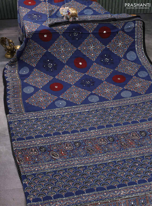 Modal silk saree blue and black with allover ajrakh prints & mirror work and sequin embroidered work pallu