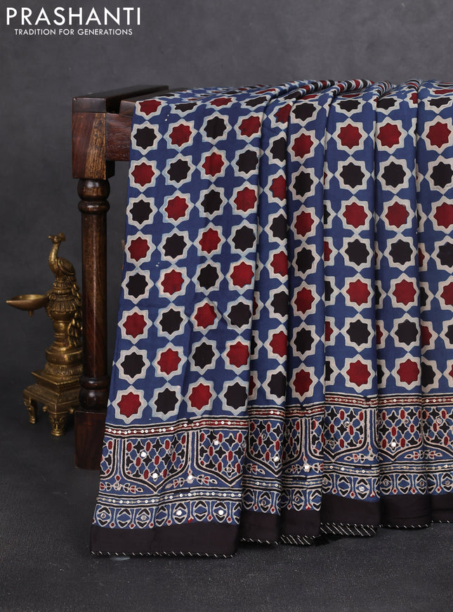 Modal silk saree indigo blue and beige with allover ajrakh prints and sequin embroidered work pallu