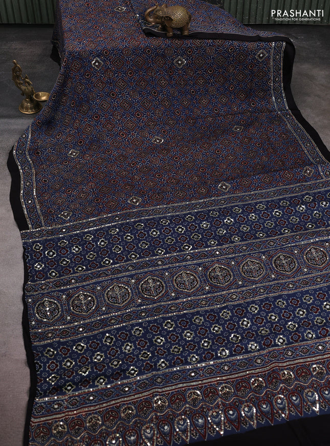 Modal silk saree blue and black with allover ajrakh prints & sequin work and sequin embroidered work pallu
