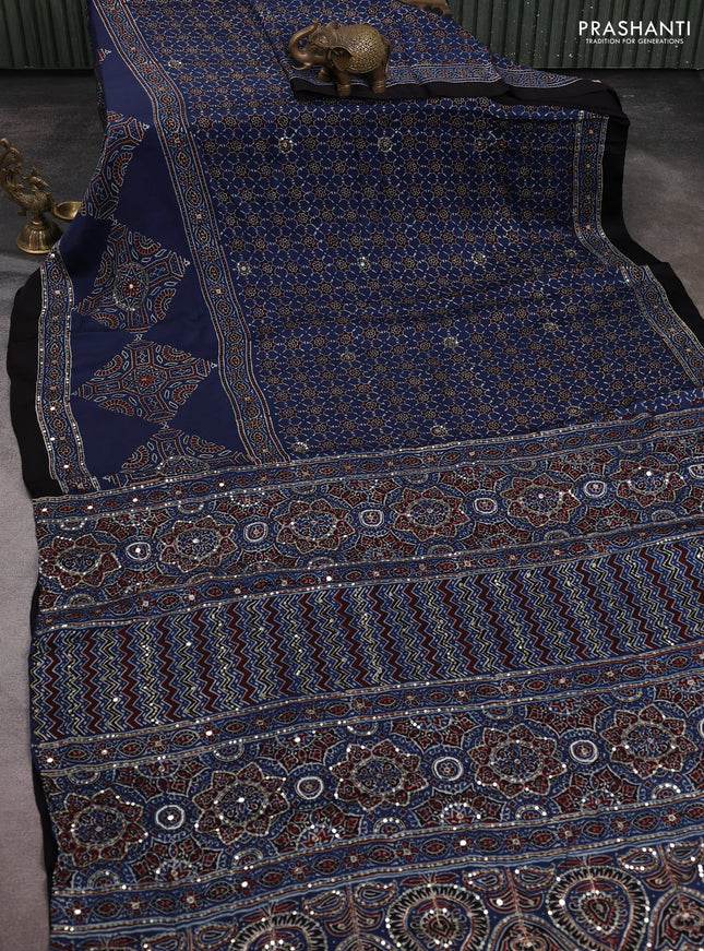 Modal silk saree blue and black with allover ajrakh prints & sequin work and sequin embroidered work pallu