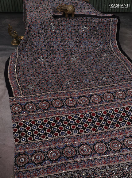 Modal silk saree black with allover ajrakh prints & sequin work and sequin embroidered work pallu