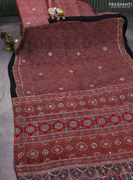 Modal silk saree maroon and black with allover ajrakh prints & sequin work and sequin embroidered work pallu