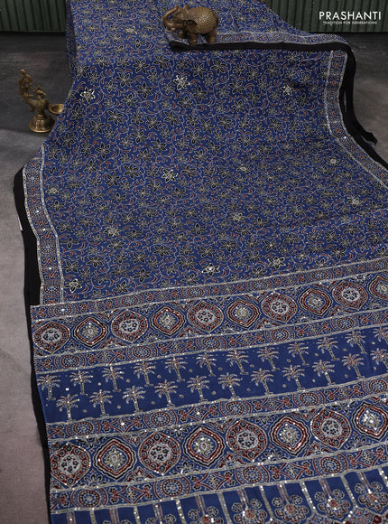 Modal silk saree blue with allover ajrakh prints & sequin work and sequin embroidered work pallu