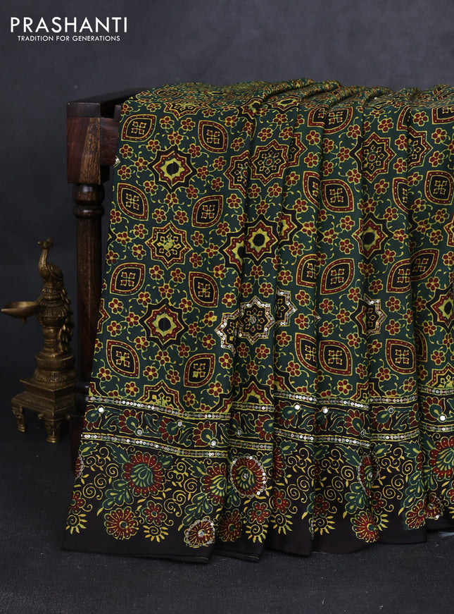 Modal silk saree green and black with allover ajrakh prints & sequin work and sequin embroidered work pallu