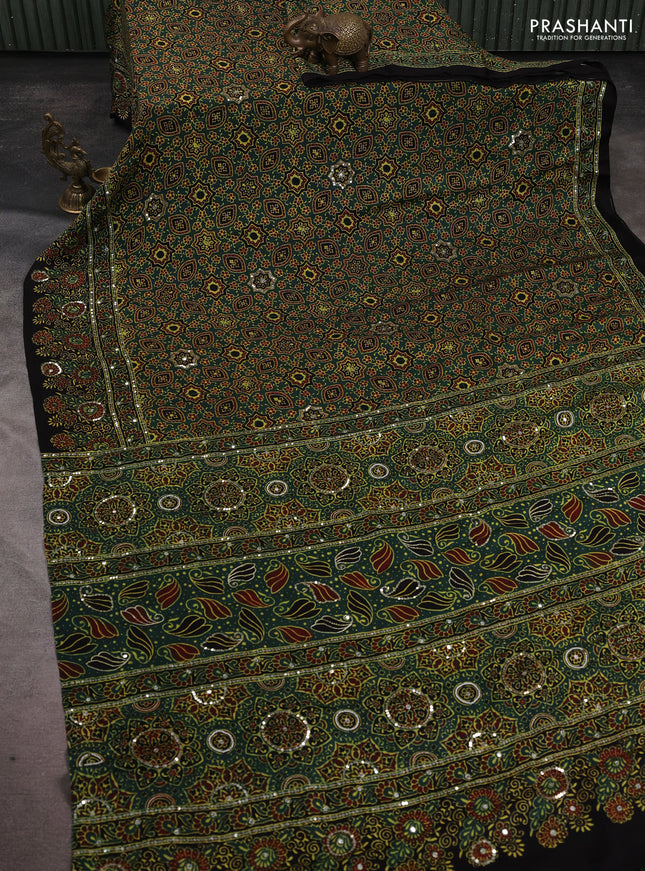 Modal silk saree green and black with allover ajrakh prints & sequin work and sequin embroidered work pallu