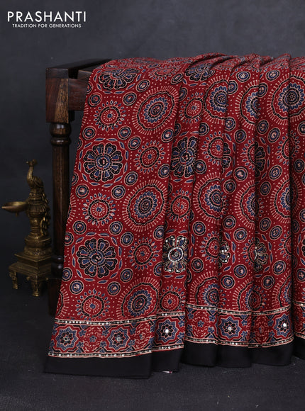 Modal silk saree maroon and black with allover ajrakh prints & sequin work and sequin embroidered work pallu