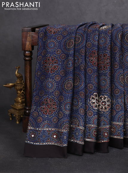 Modal silk saree indigo blue and black with allover ajrakh prints & sequin work and sequin embroidered work pallu