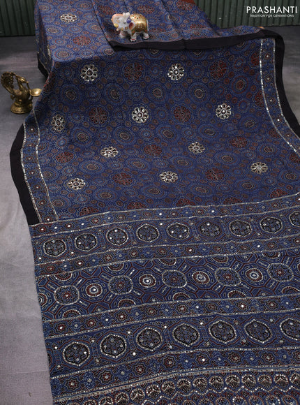 Modal silk saree indigo blue and black with allover ajrakh prints & sequin work and sequin embroidered work pallu