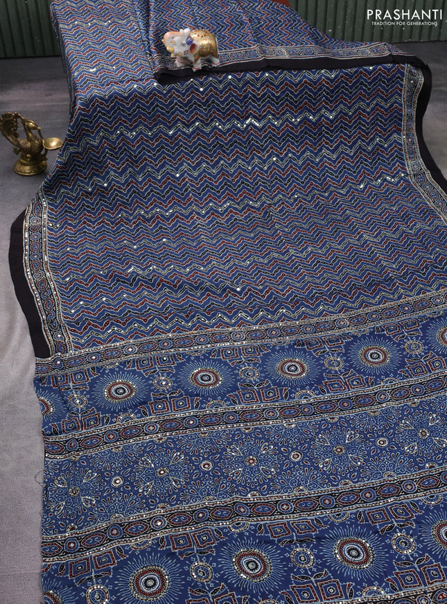 Modal silk saree indigo blue and black with allover ajrakh prints & sequin work and sequin embroidered work pallu