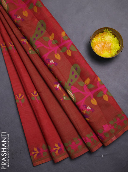 Jamdhani cotton saree rust shade and light green with thread woven buttas and jamdhani pallu