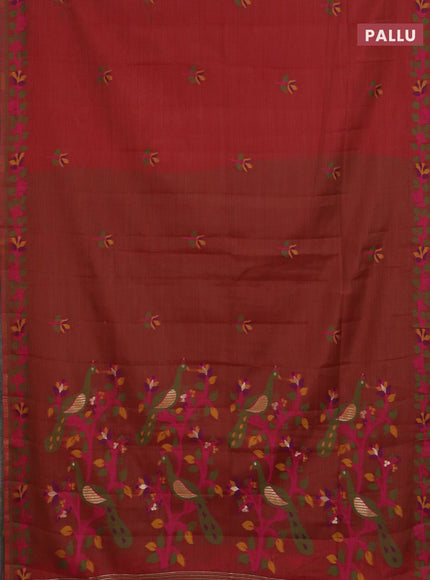 Jamdhani cotton saree rust shade and light green with thread woven buttas and jamdhani pallu