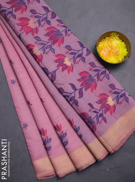 Jamdhani cotton saree pastel pink and navy blue with allover thread woven buttas and jamdhani pallu