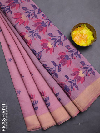 Jamdhani cotton saree pastel pink and navy blue with allover thread woven buttas and jamdhani pallu