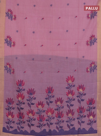 Jamdhani cotton saree pastel pink and navy blue with allover thread woven buttas and jamdhani pallu