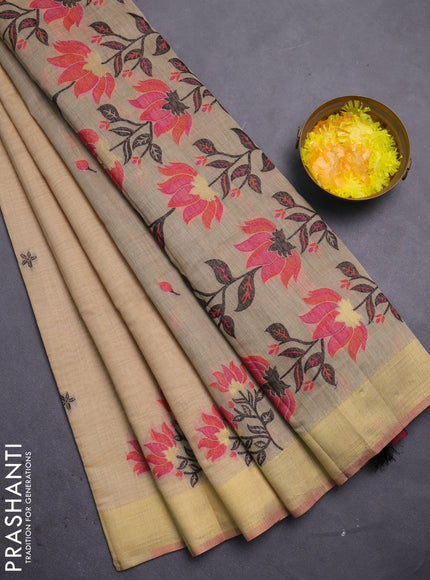 Jamdhani cotton saree sandal and black with allover thread woven buttas and jamdhani pallu