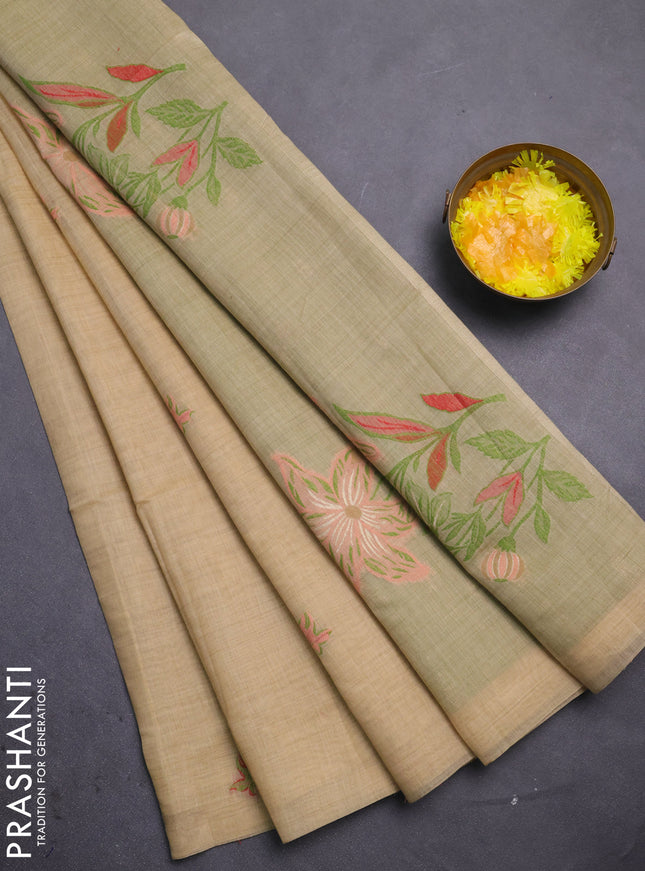 Jamdhani cotton saree sandal and light green with allover thread woven buttas and jamdhani pallu