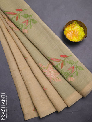 Jamdhani cotton saree sandal and light green with allover thread woven buttas and jamdhani pallu