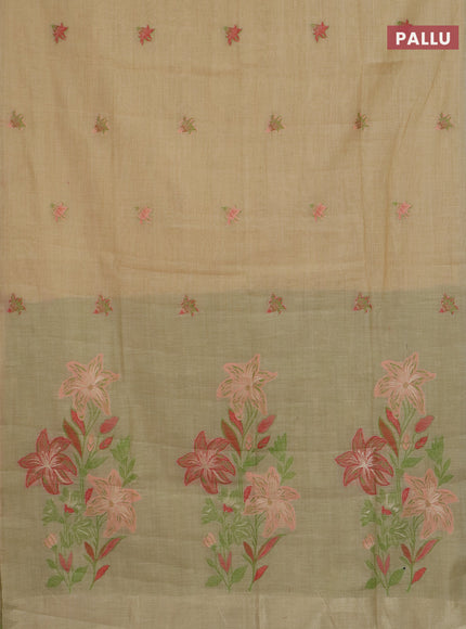 Jamdhani cotton saree sandal and light green with allover thread woven buttas and jamdhani pallu