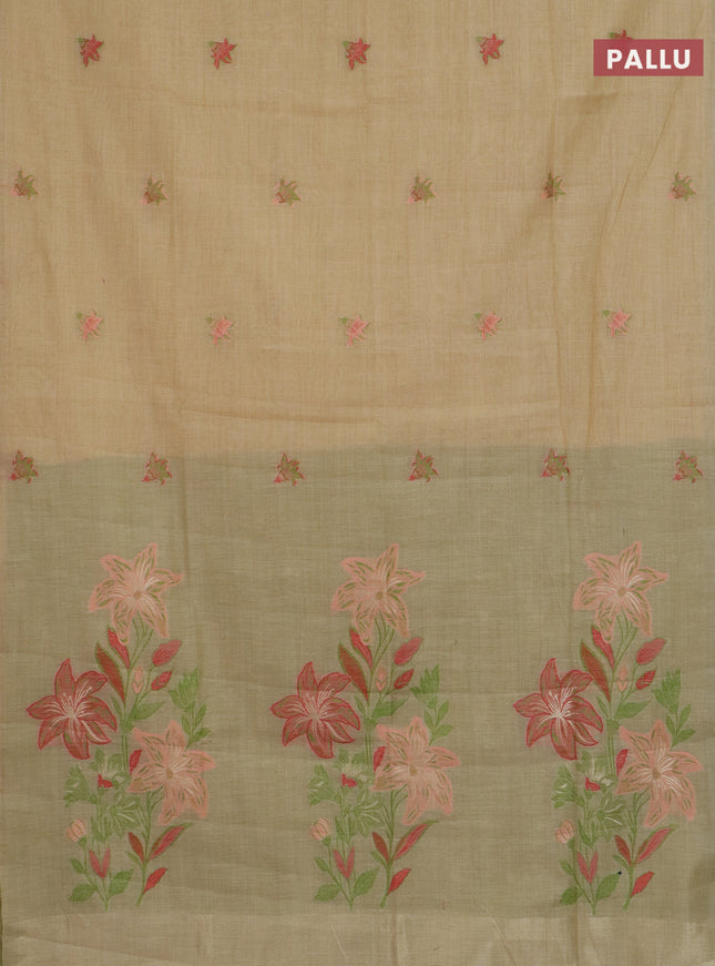 Jamdhani cotton saree sandal and light green with allover thread woven buttas and jamdhani pallu