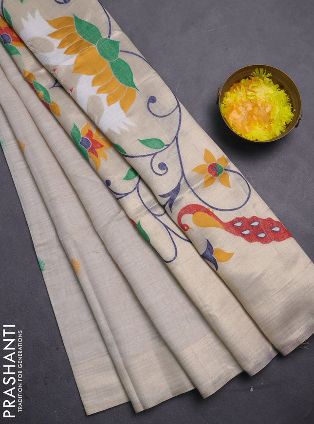Jamdhani cotton saree beige with thread woven buttas and jamdhani pallu