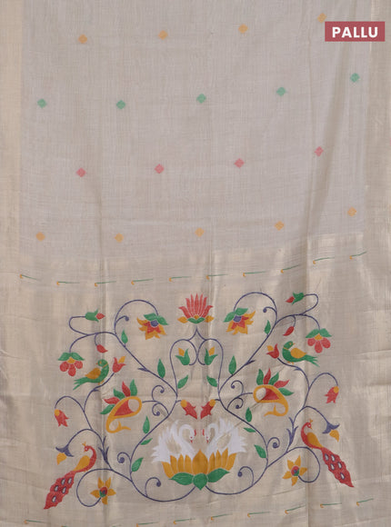Jamdhani cotton saree beige with thread woven buttas and jamdhani pallu