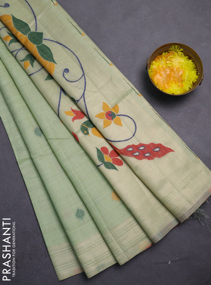 Jamdhani cotton saree pista green with thread woven buttas and jamdhani pallu