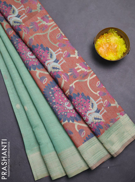 Jamdhani cotton saree pista green and red with thread & zari woven buttas and jamdhani pallu
