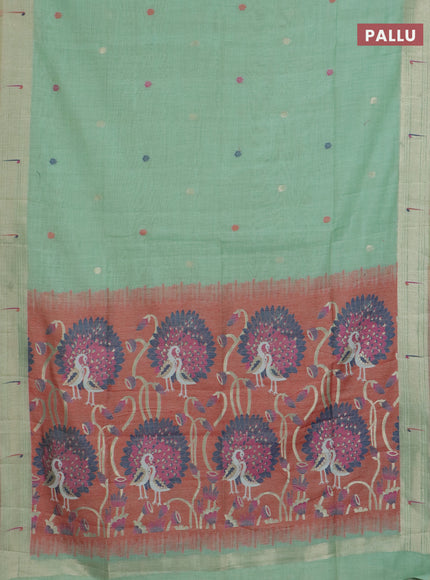 Jamdhani cotton saree pista green and red with thread & zari woven buttas and jamdhani pallu