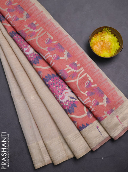 Jamdhani cotton saree beige and red with thread & zari woven buttas and jamdhani pallu