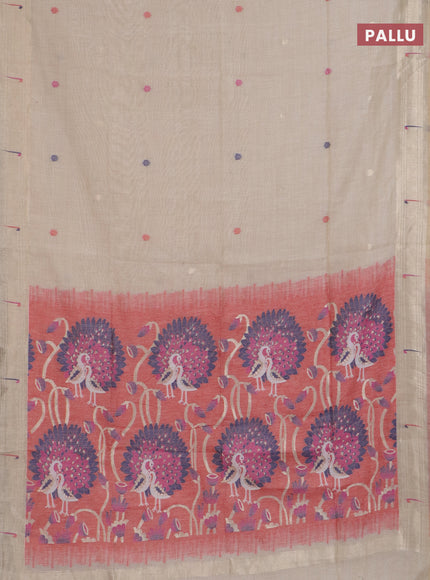 Jamdhani cotton saree beige and red with thread & zari woven buttas and jamdhani pallu