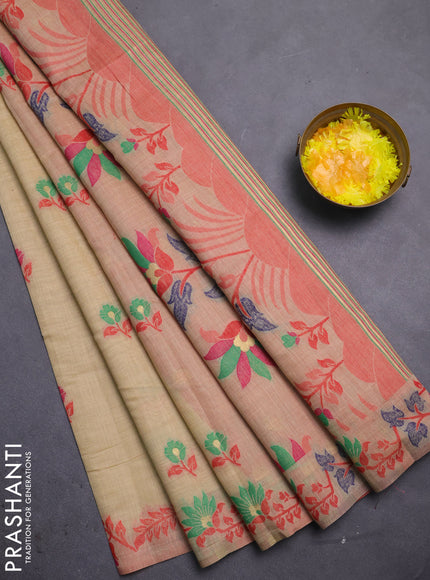 Jamdhani cotton saree sandal and red with allover thread woven buttas and jamdhani pallu